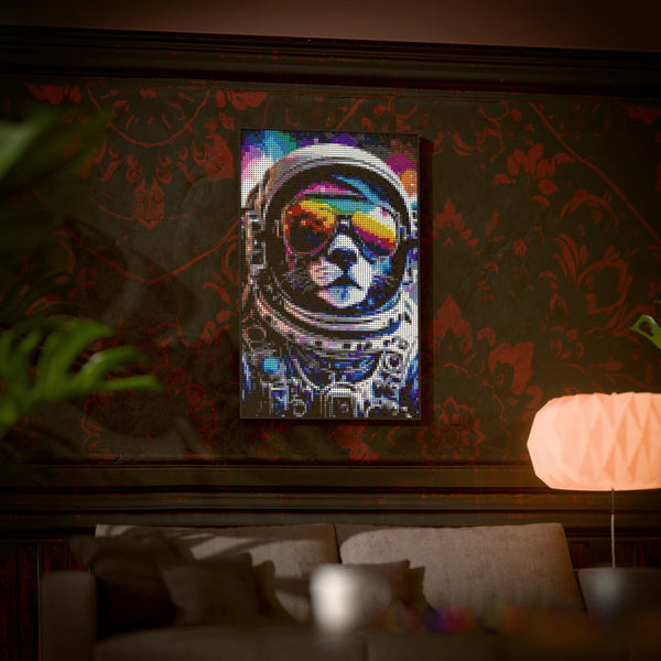 Funny Space Kitty Cat made out of 10,769 LEGO-Compatible bricks on a luxurious home background.