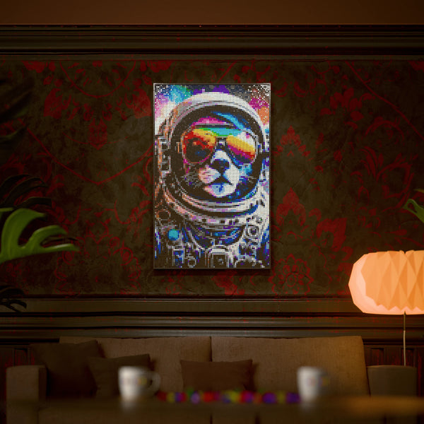 Funny Space Kitty Cat made out of 10,769 LEGO-Compatible bricks on a luxurious home background.
