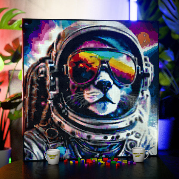 Funny Space Kitty Cat made out of 17,132 LEGO-Compatible bricks on a table with stylish luxury studio background, built with 1x1 square plates.