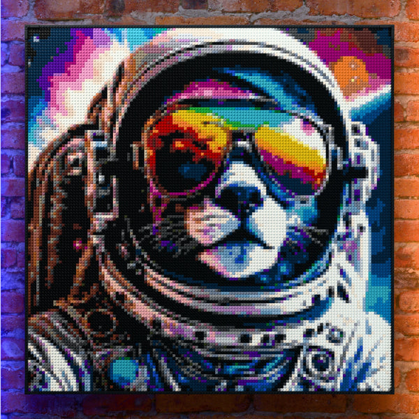Funny Space Kitty Cat made out of 17,132 LEGO-Compatible bricks on a real red-brick wall background with good lighting, built with 1x1 square plates.