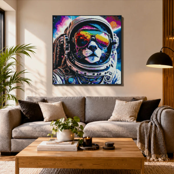 Funny Space Kitty Cat made out of 17,132 LEGO-Compatible bricks on a ikea scandinavian home background.