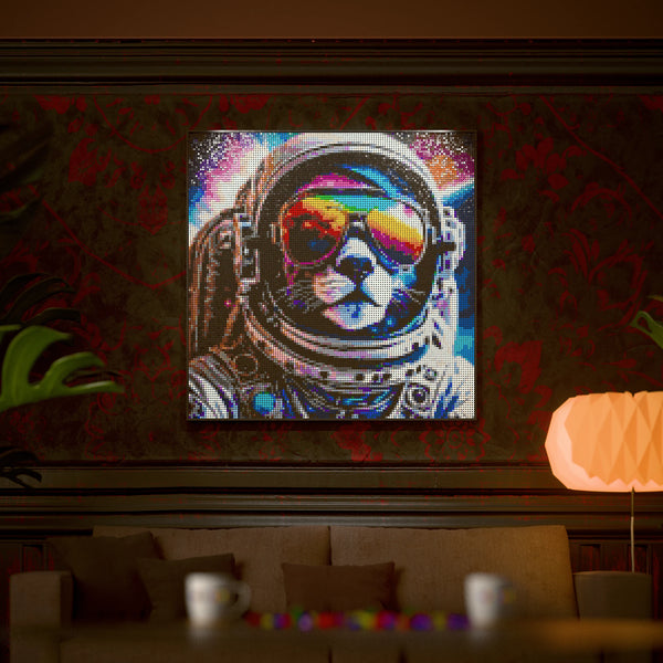 Funny Space Kitty Cat made out of 17,132 LEGO-Compatible bricks on a luxurious home background.