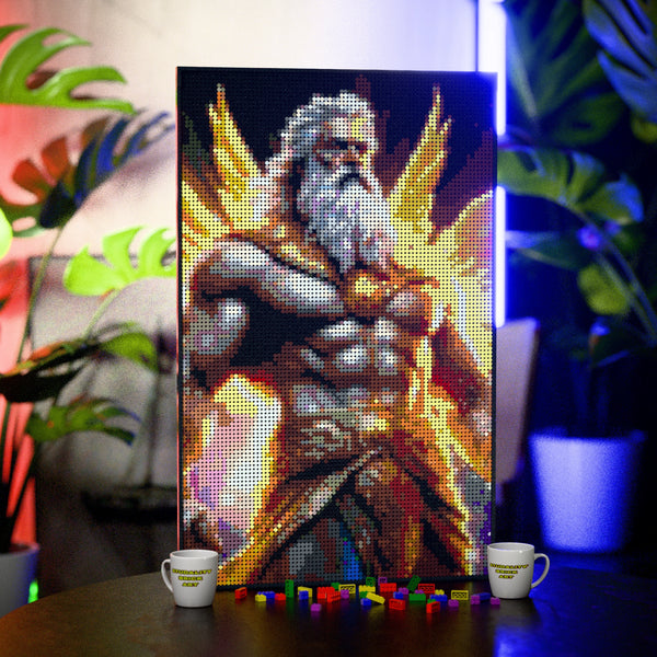 Greek God Zeus 1 made out of 10,769 LEGO-Compatible bricks on a table with stylish luxury studio background.