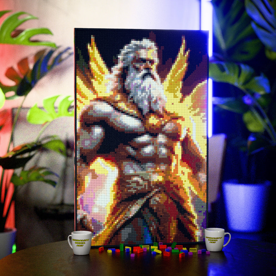 Greek God Zeus 1 made out of 10,769 LEGO-Compatible bricks on a table with stylish luxury studio background, built with 1x1 square plates.