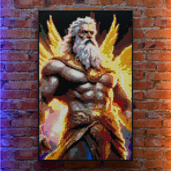 Greek God Zeus 1 made out of 10,769 LEGO-Compatible bricks on a real red-brick wall background with good lighting.