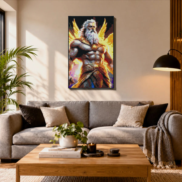 Greek God Zeus 1 made out of 10,769 LEGO-Compatible bricks on a ikea scandinavian home background.