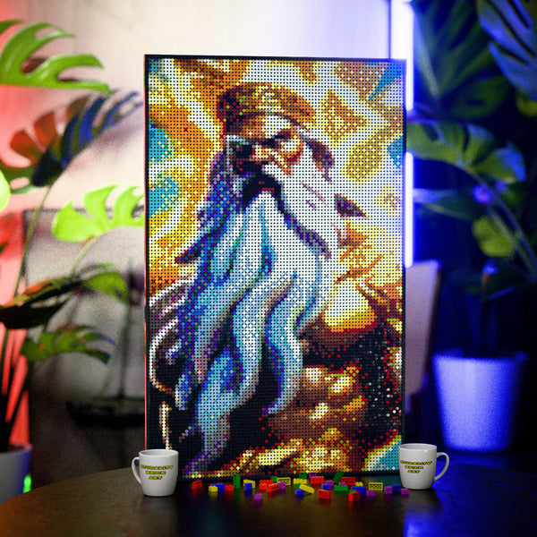 Greek God Zeus 2 made out of 10,769 LEGO-Compatible bricks on a table with stylish luxury studio background.