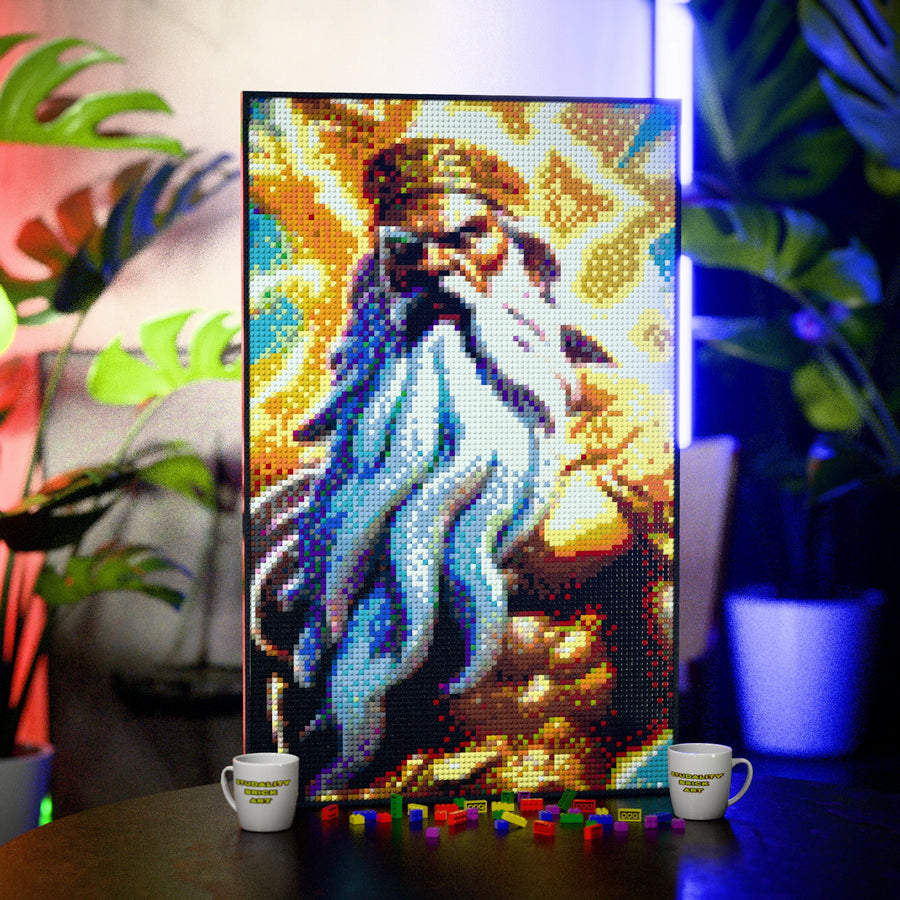 Greek God Zeus 2 made out of 10,769 LEGO-Compatible bricks on a table with stylish luxury studio background, built with 1x1 square plates.