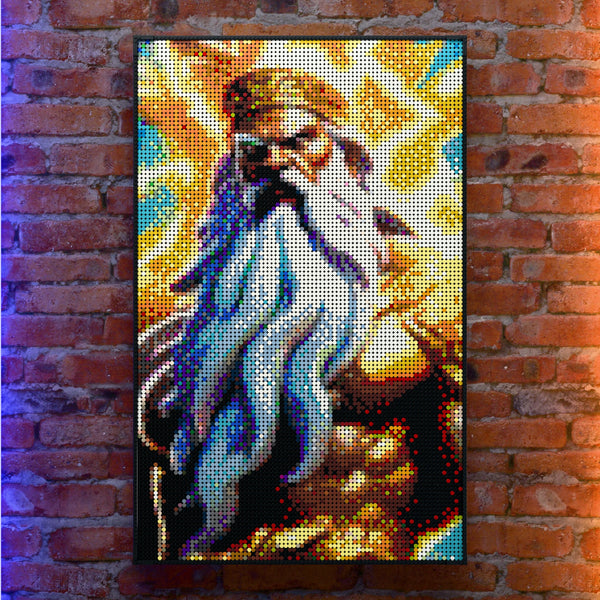 Greek God Zeus 2 made out of 10,769 LEGO-Compatible bricks on a real red-brick wall background with good lighting.