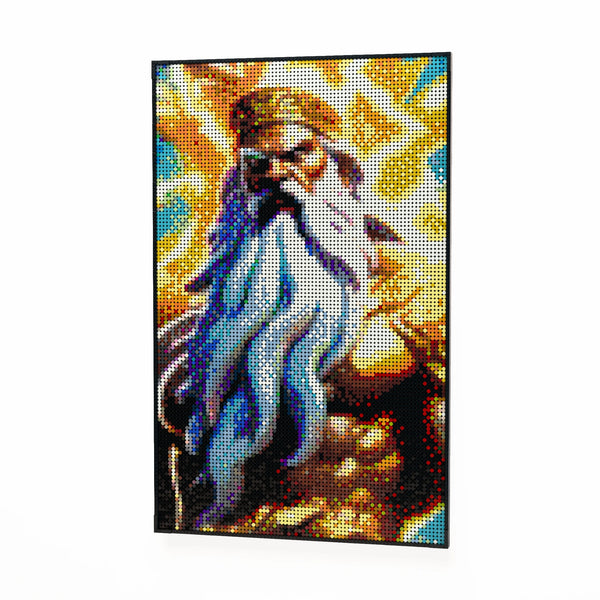 Greek God Zeus 2 made out of 10,769 LEGO-Compatible bricks on a white clean background.