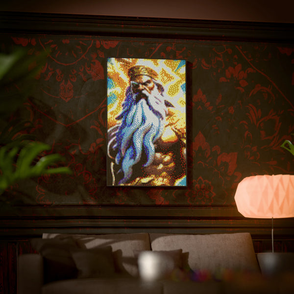 Greek God Zeus 2 made out of 10,769 LEGO-Compatible bricks on a luxurious home background.