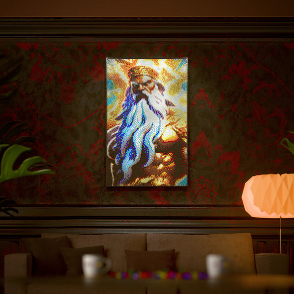 Greek God Zeus 2 made out of 10,769 LEGO-Compatible bricks on a luxurious home background.