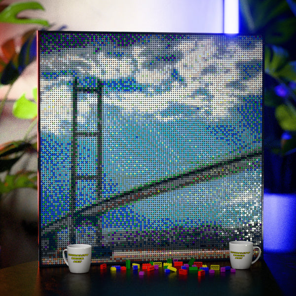 Humber Bridge made out of 13,153 LEGO-Compatible bricks on a table with stylish luxury studio background.