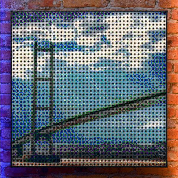 Humber Bridge made out of 13,153 LEGO-Compatible bricks on a real red-brick wall background with good lighting.