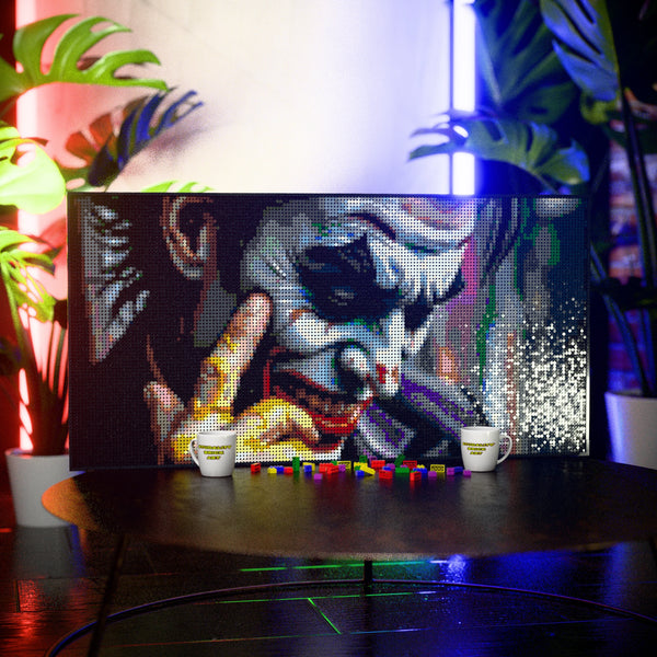 Joker Inspired made out of 13,433 LEGO-Compatible bricks on a table with stylish luxury studio background.