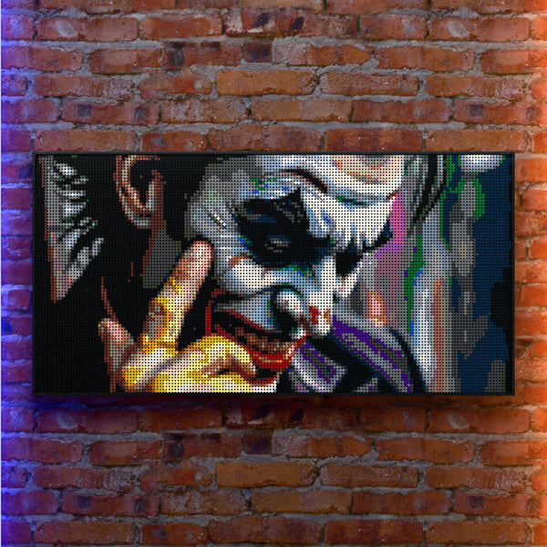 Joker Inspired made out of 13,433 LEGO-Compatible bricks on a real red-brick wall background with good lighting.