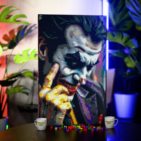 Joker Inspired made out of 10,769 LEGO-Compatible bricks on a table with stylish luxury studio background, built with 1x1 square plates.