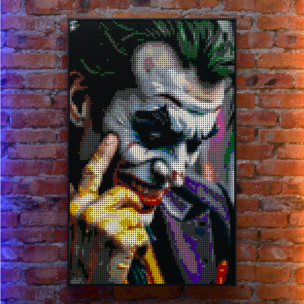 Joker Inspired made out of 10,769 LEGO-Compatible bricks on a real red-brick wall background with good lighting.