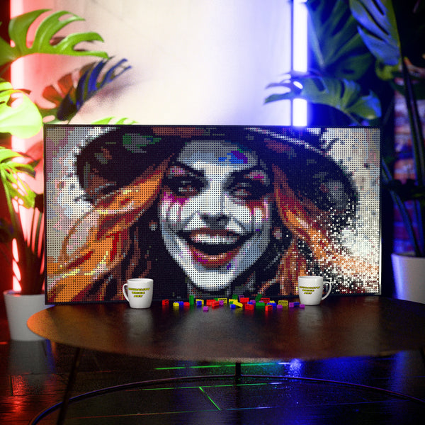 Lady Mad Hatter made out of 13,433 LEGO-Compatible bricks on a table with stylish luxury studio background.