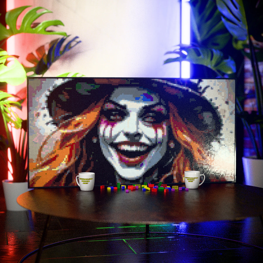 Lady Mad Hatter made out of 13,433 LEGO-Compatible bricks on a table with stylish luxury studio background, built with 1x1 square plates.