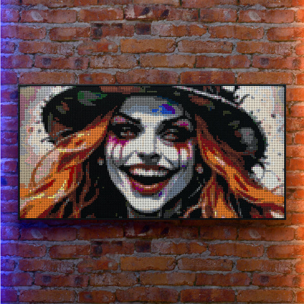 Lady Mad Hatter made out of 13,433 LEGO-Compatible bricks on a real red-brick wall background with good lighting.