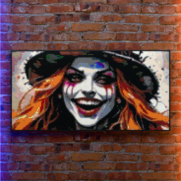 Lady Mad Hatter made out of 13,433 LEGO-Compatible bricks on a real red-brick wall background with good lighting, built with 1x1 square plates.