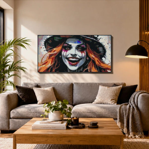 Lady Mad Hatter made out of 13,433 LEGO-Compatible bricks on a ikea scandinavian home background.