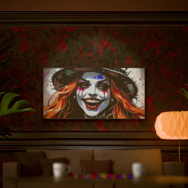 Lady Mad Hatter made out of 13,433 LEGO-Compatible bricks on a luxurious home background.