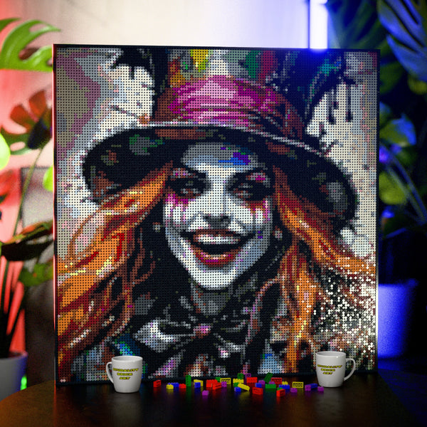 Lady Mad Hatter made out of 17,132 LEGO-Compatible bricks on a table with stylish luxury studio background.