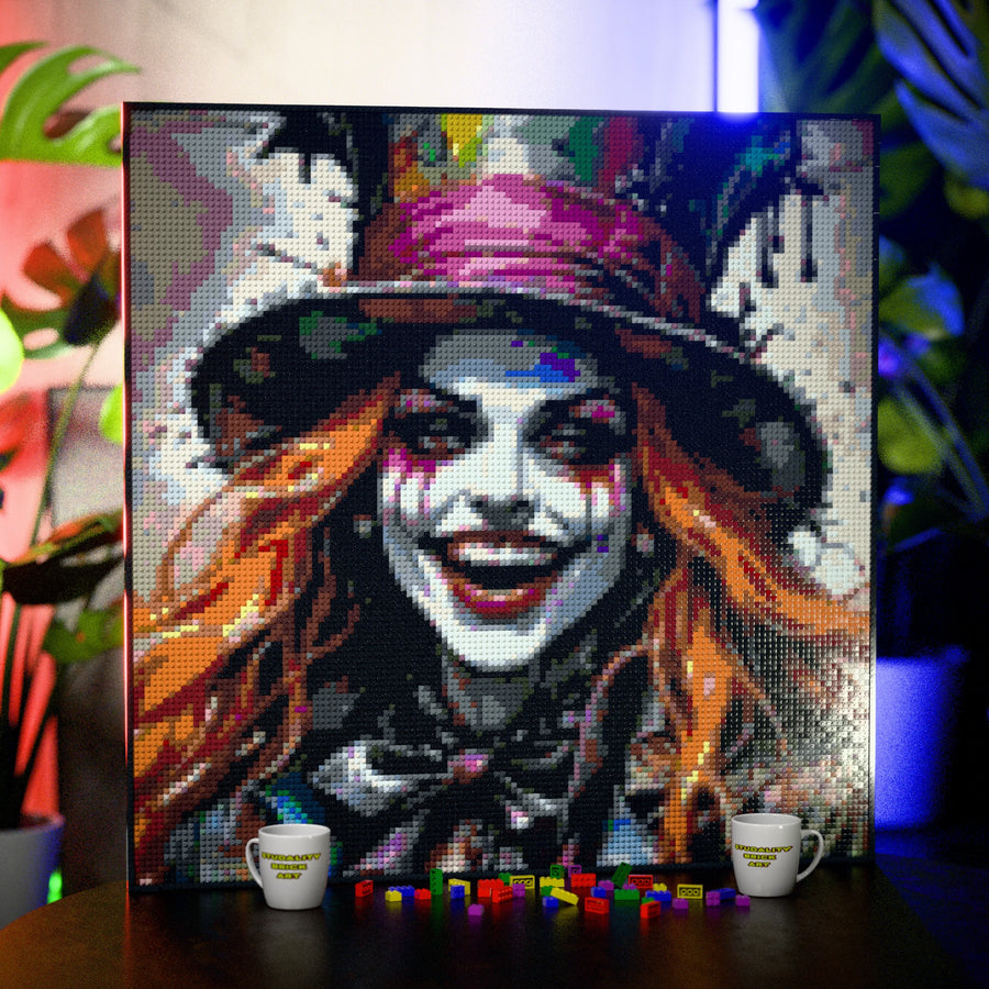 Lady Mad Hatter made out of 17,132 LEGO-Compatible bricks on a table with stylish luxury studio background, built with 1x1 square plates.