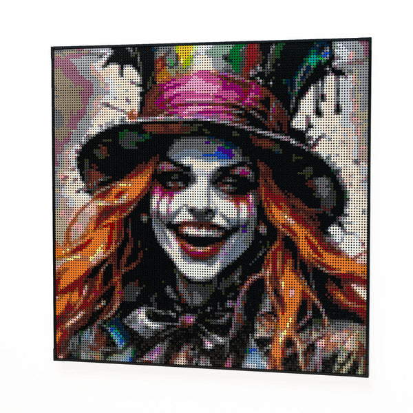 Lady Mad Hatter made out of 17,132 LEGO-Compatible bricks on a white clean background.