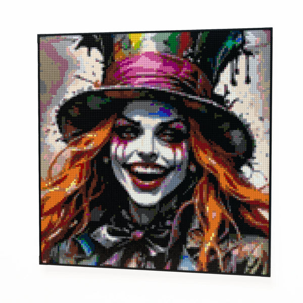 Lady Mad Hatter made out of 17,132 LEGO-Compatible bricks on a white clean background, built with 1x1 square plates.
