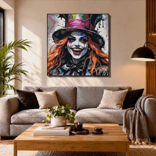 Lady Mad Hatter made out of 17,132 LEGO-Compatible bricks on a ikea scandinavian home background.