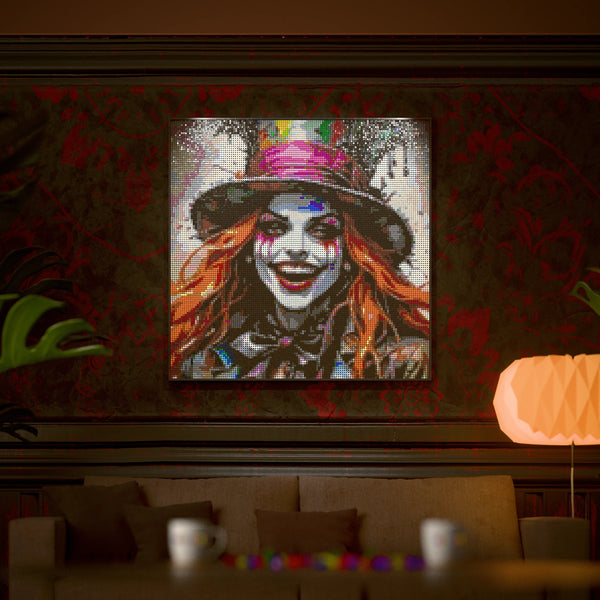 Lady Mad Hatter made out of 17,132 LEGO-Compatible bricks on a luxurious home background.