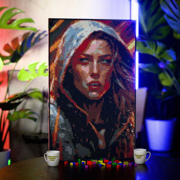 Leona (Sci-Fi Hero) made out of 10,769 LEGO-Compatible bricks on a table with stylish luxury studio background.