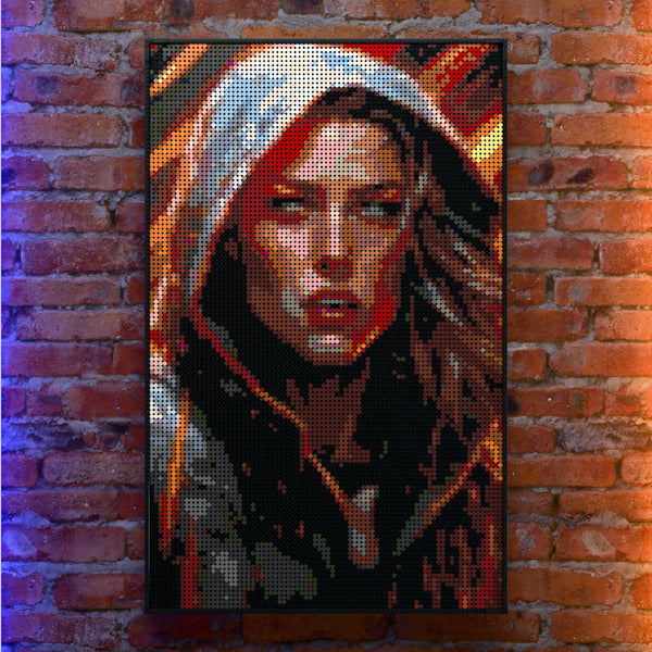 Leona (Sci-Fi Hero) made out of 10,769 LEGO-Compatible bricks on a real red-brick wall background with good lighting.