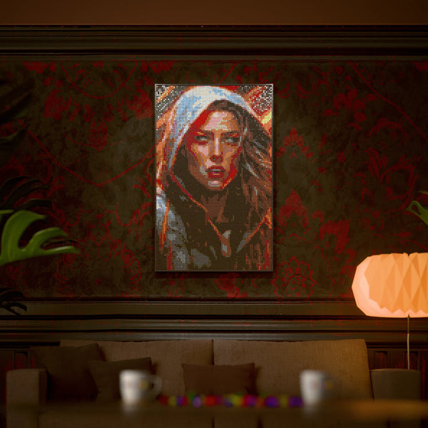 Leona (Sci-Fi Hero) made out of 10,769 LEGO-Compatible bricks on a luxurious home background.
