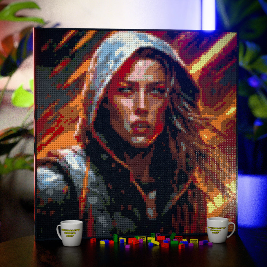 Leona (Sci-Fi Hero) made out of 13,153 LEGO-Compatible bricks on a table with stylish luxury studio background, built with 1x1 square plates.