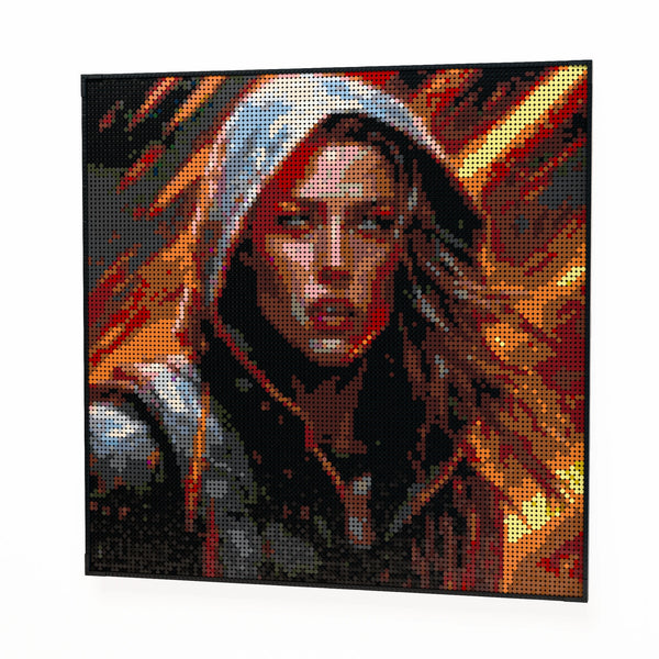 Leona (Sci-Fi Hero) made out of 13,153 LEGO-Compatible bricks on a white clean background.