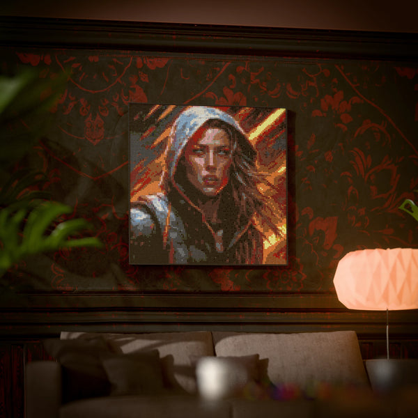Leona (Sci-Fi Hero) made out of 13,153 LEGO-Compatible bricks on a luxurious home background.