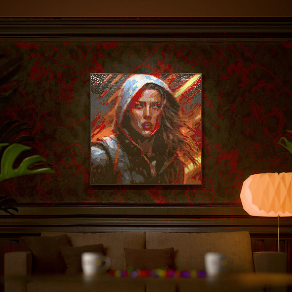 Leona (Sci-Fi Hero) made out of 13,153 LEGO-Compatible bricks on a luxurious home background.