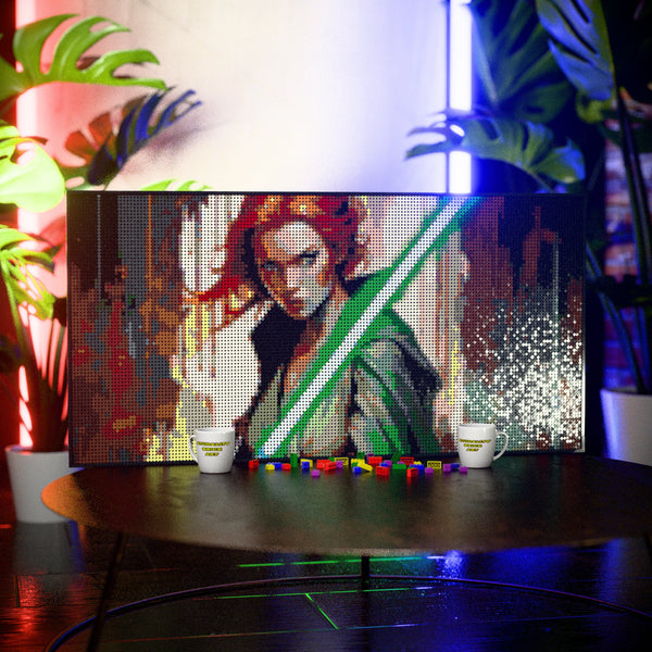 Light Sword Woman made out of 13,433 LEGO-Compatible bricks on a table with stylish luxury studio background.