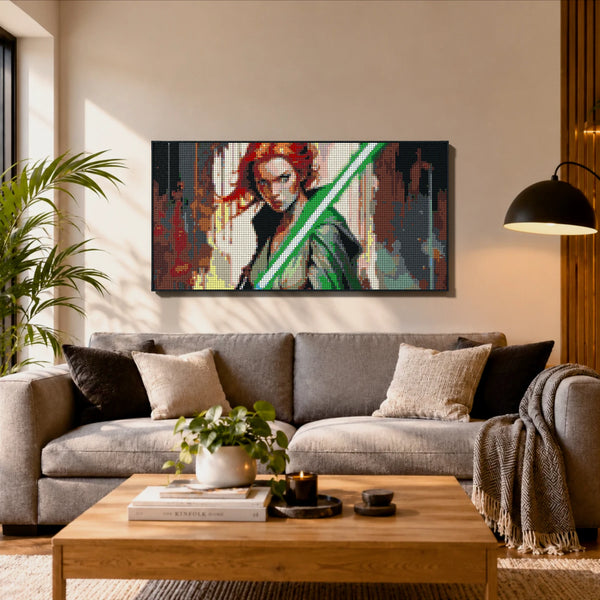 Light Sword Woman made out of 13,433 LEGO-Compatible bricks on a ikea scandinavian home background.