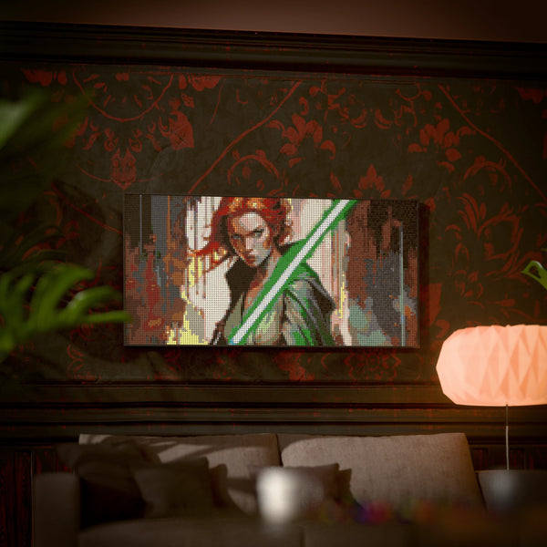 Light Sword Woman made out of 13,433 LEGO-Compatible bricks on a luxurious home background.