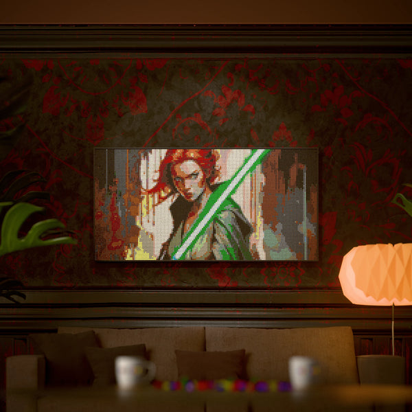 Light Sword Woman made out of 13,433 LEGO-Compatible bricks on a luxurious home background.