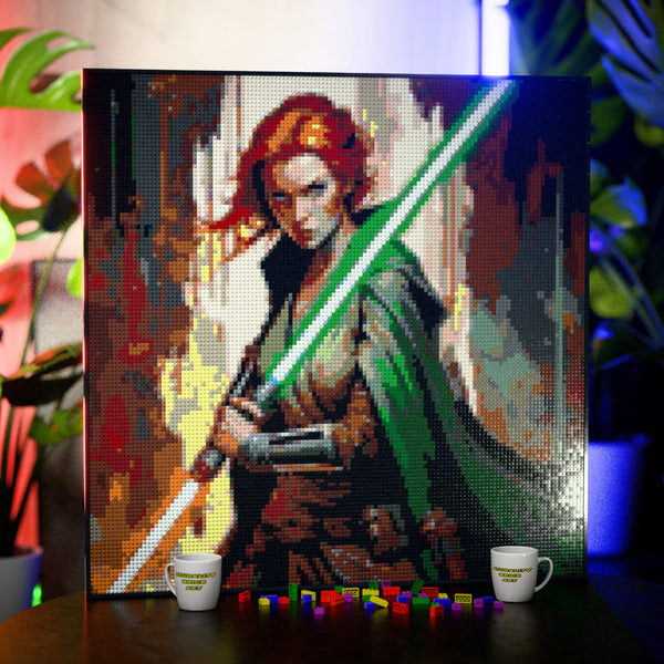 Light Sword Woman made out of 17,132 LEGO-Compatible bricks on a table with stylish luxury studio background, built with 1x1 square plates.