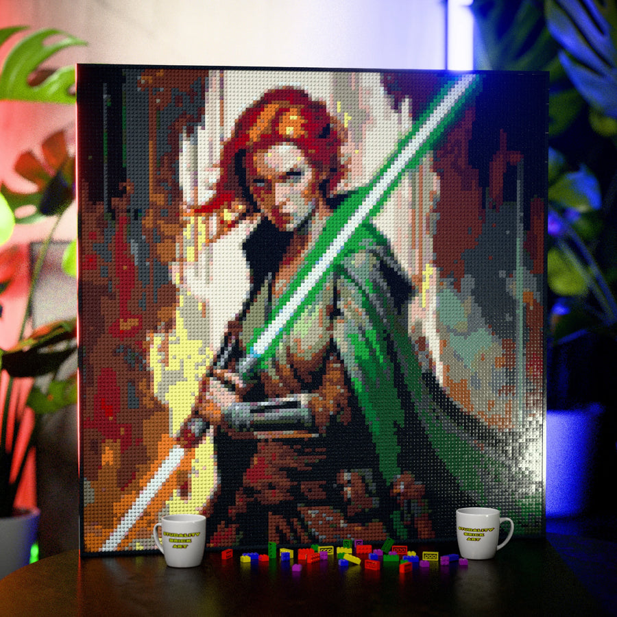 Light Sword Woman made out of 17,132 LEGO-Compatible bricks on a table with stylish luxury studio background, built with 1x1 square plates.
