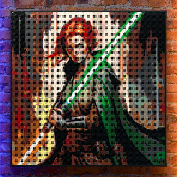 Light Sword Woman made out of 17,132 LEGO-Compatible bricks on a real red-brick wall background with good lighting.