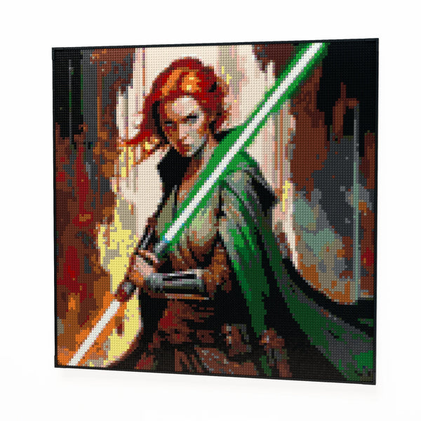 Light Sword Woman made out of 17,132 LEGO-Compatible bricks on a white clean background, built with 1x1 square plates.