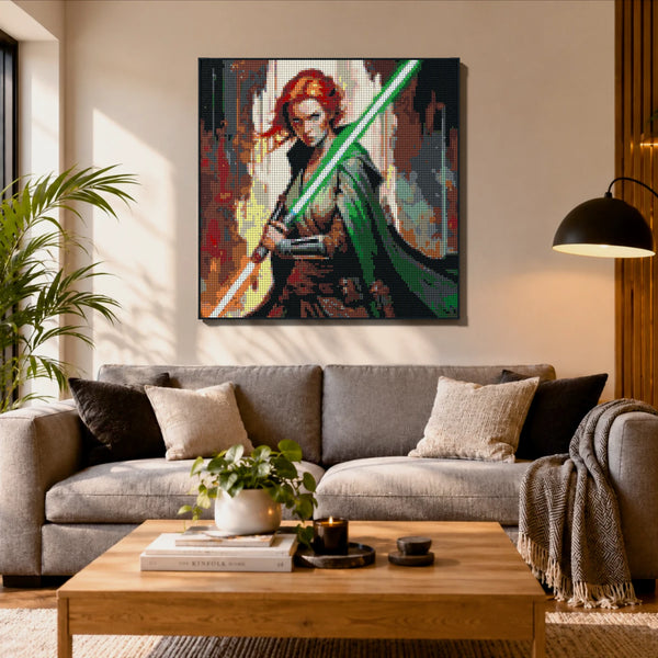 Light Sword Woman made out of 17,132 LEGO-Compatible bricks on a ikea scandinavian home background.